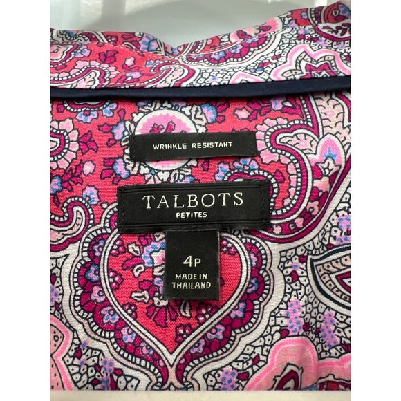 Talbots Wrinkle Resistant Womens 4P Paisley Floral 3/4 Sleeve Button Front Pink - Picture 3 of 9